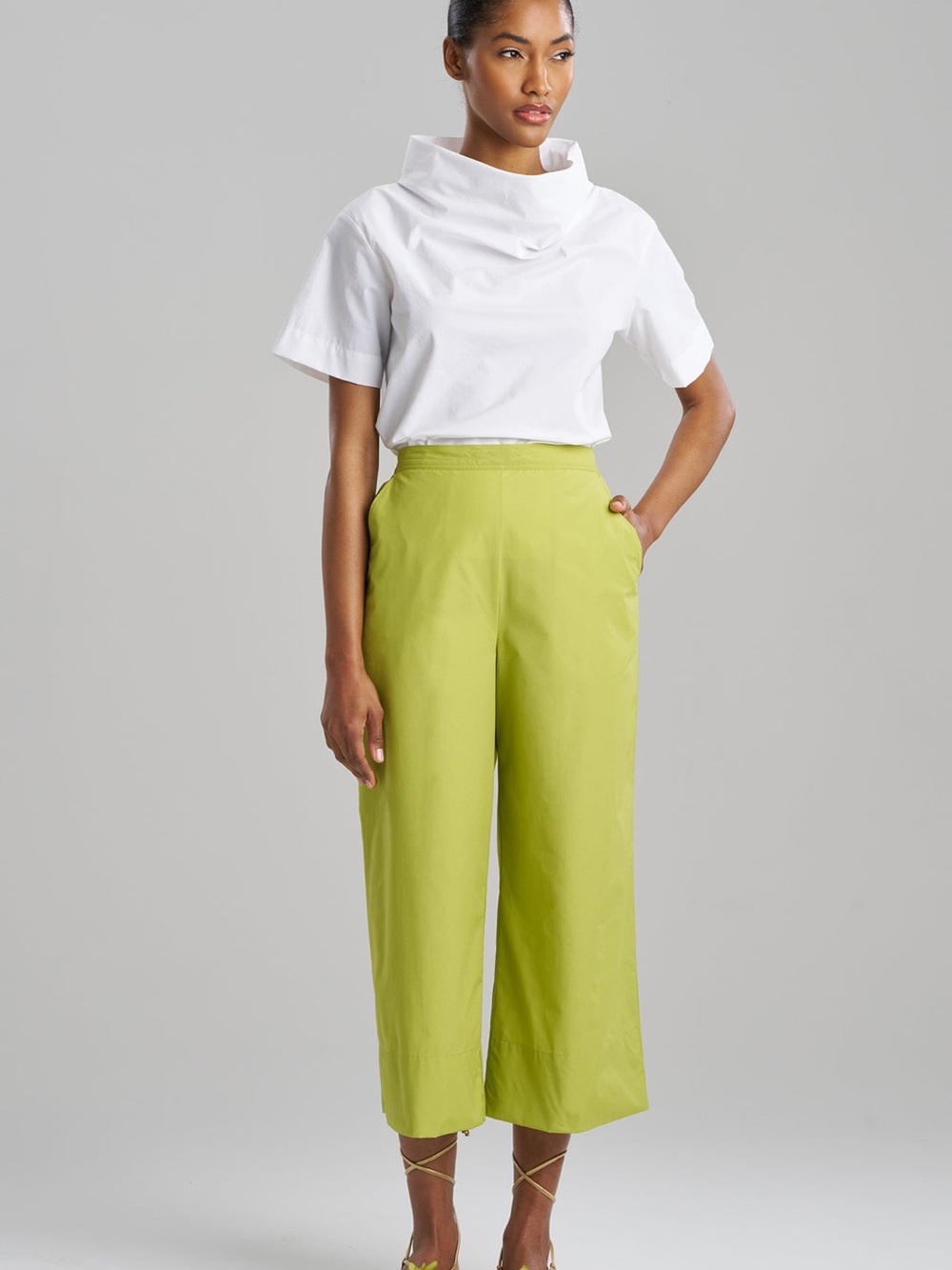 Natori Techno Poplin Cropped Wide-Leg Pull On Pants Bright Pear Green Size XS